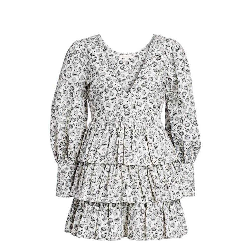 LoveShackFancy Paris Grey Floral Ruffle Tiered Long Puff Sleeve Mini Dress Sz 6 - Picture 5 of 15